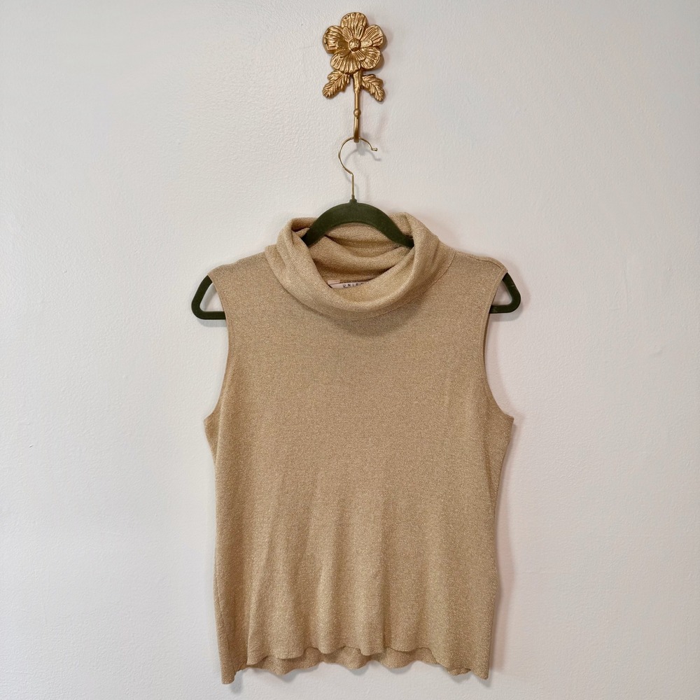 Y2K Gold Metallic Silk Blend Cowl Neck Knit Tank Top PL Glam Holiday Shimmer
